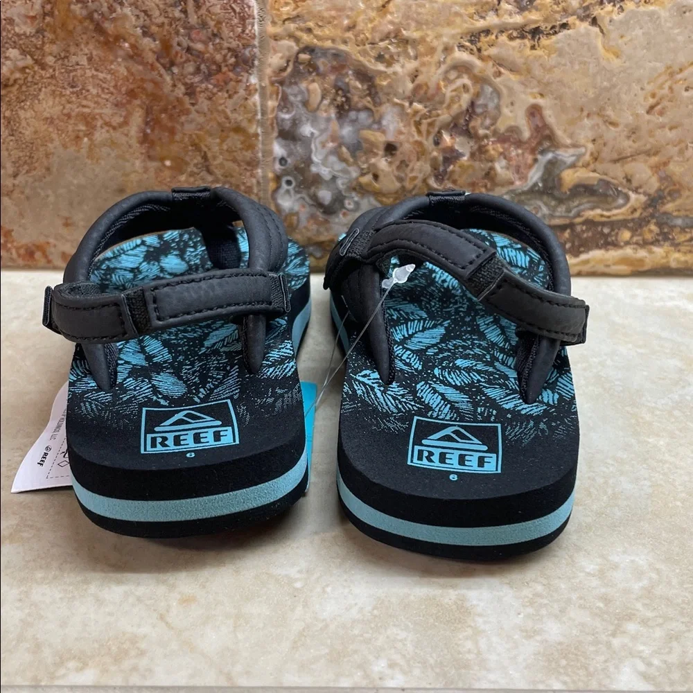 Reef Sandals Little Ahi Kids US 6 Flip Flops Aquifer Palm Black Blue NWT Shoes